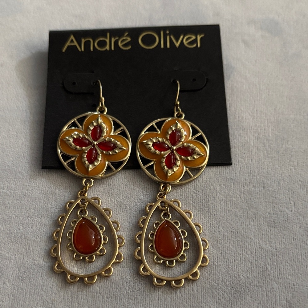Andre Oliver Gold and Red Floral Dangle Earrings